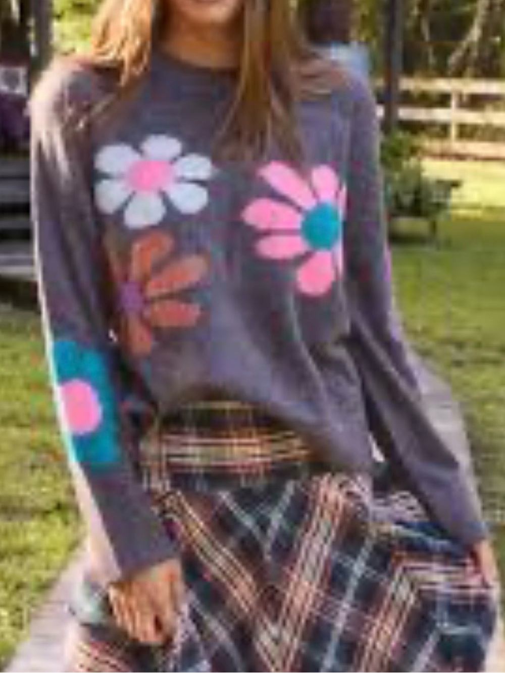 NATURAL LIFE Gray Sweater with Pink and Teal Floral Accents